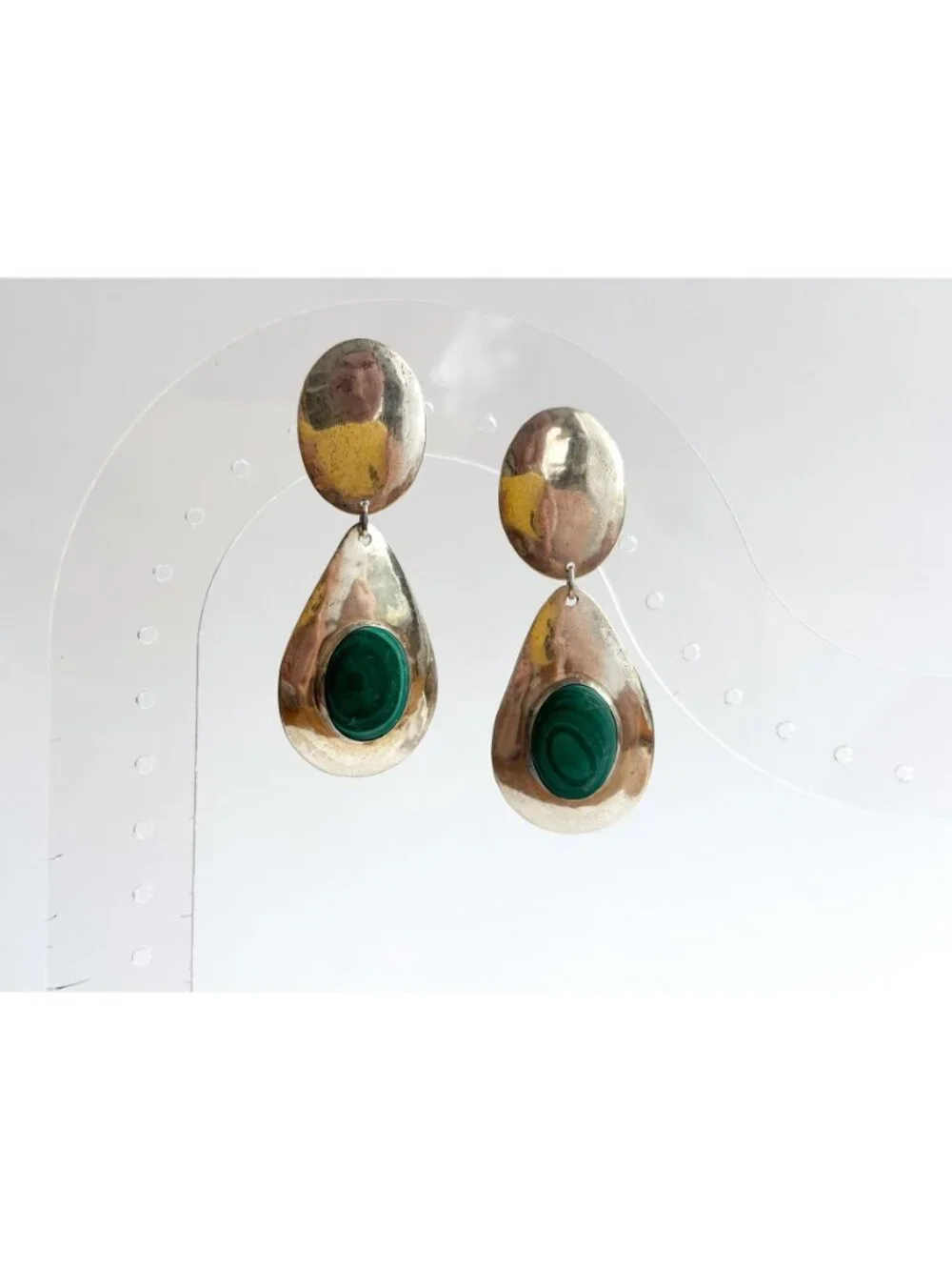 Malachite Inlaid Teardrop Clip On 800 Silver Drop Southwest Style Earrings